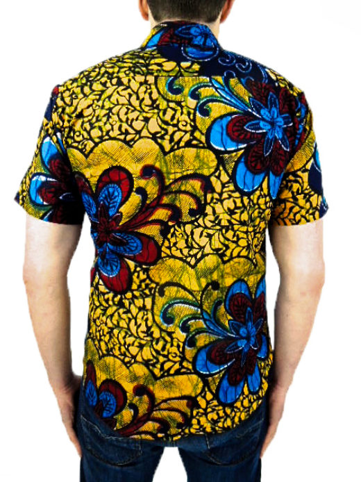 Men's yellow red blue flower African print shirt with short sleeves model wearing back view