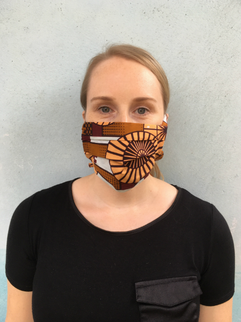 African print fabric mask model wearing front view