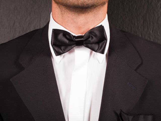 Black satin bow tie model wearing