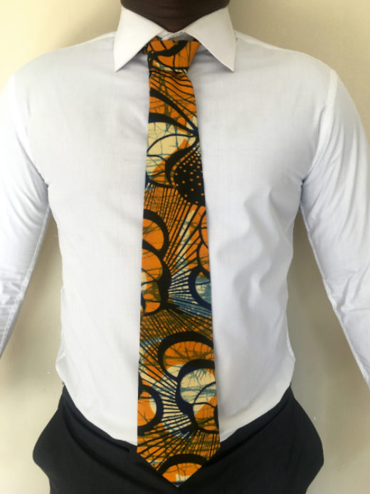 Yellow white peacock African print fabric necktie model wearing