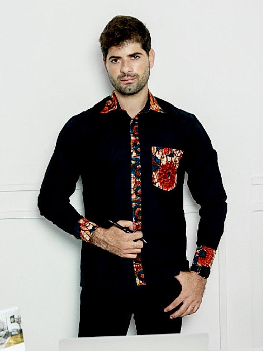 Men's plain black custom-made long sleeve shirt with optional African print fabric contrasts model wearing front view