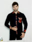 Men's plain black custom-made long sleeve shirt with optional African print fabric contrasts model wearing front view
