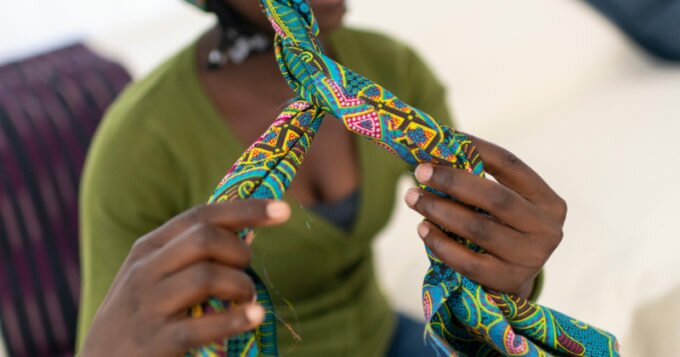 African wax print fabric headwrap demonstration twisted top knot