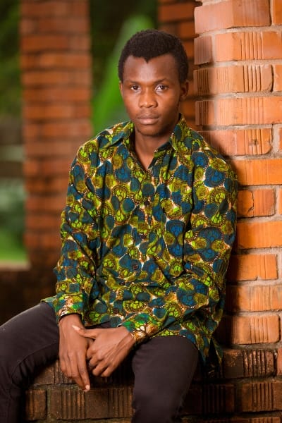 Men's green blue African print shirt long sleeves model wearing