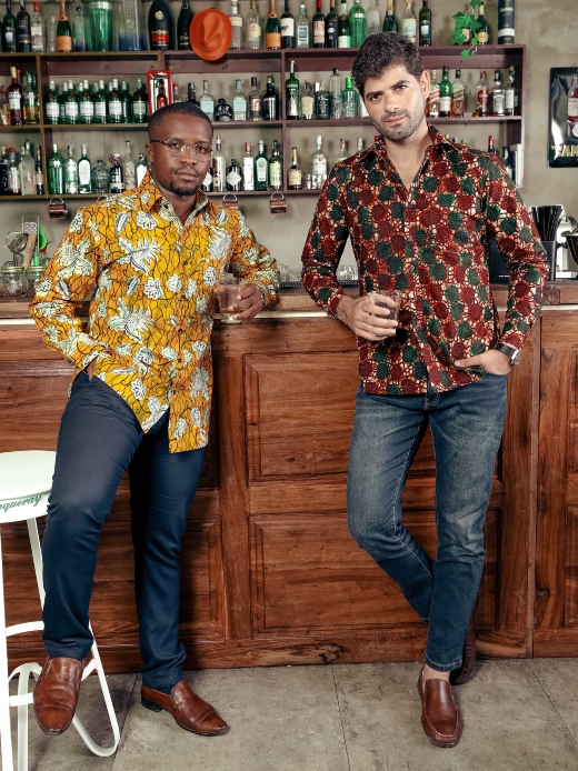 Men's made to measure shirts African wax print fabric models wearing