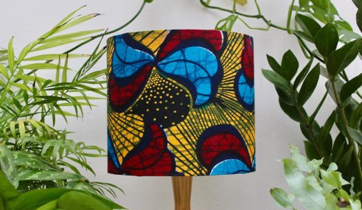 Red/yellow/blue peacock African wax print fabric lampshade handmade by Tropikala UK