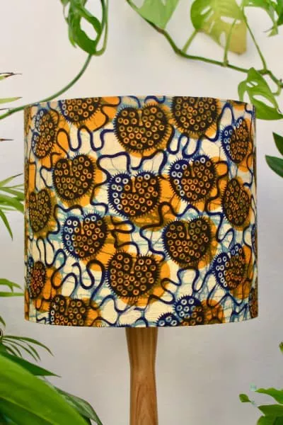 African print fabric lampshade by Tropikala handmade using yellow cream fabric from Kitenge Store