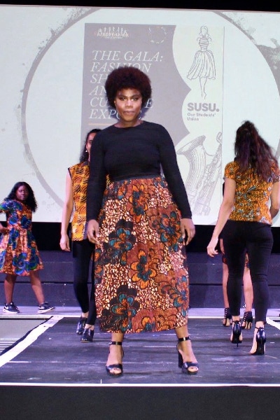 Ankara fabric maxi skirt model wearing African fashion show