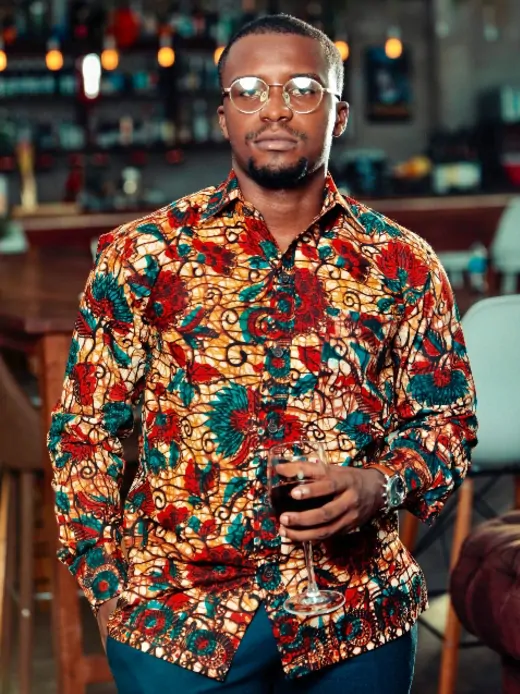 mens red blue floral custom made african print long sleeve shirt model wearing front view