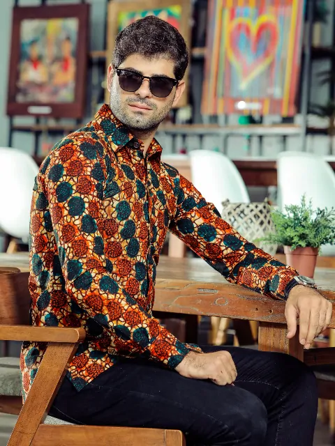 Men's red blue long sleeve African print made to measure shirt model wearing