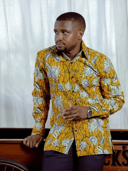 Men's yellow pineapple long sleeve African print custom made shirt model wearing