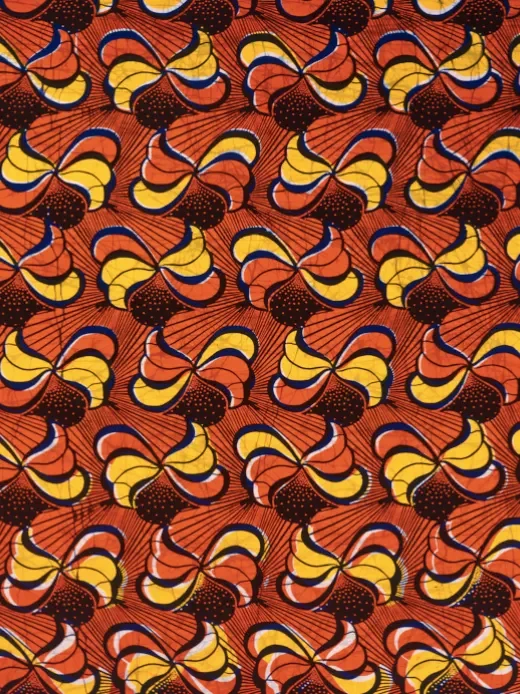 Red yellow peacock African print fabric fat quarter closeup