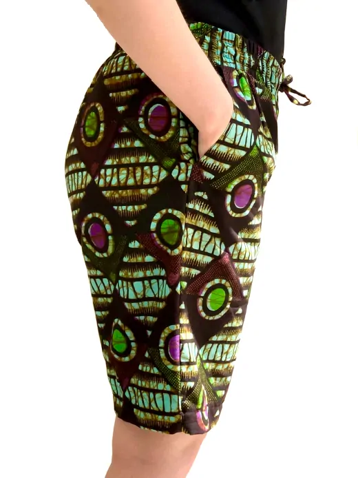 Women's turquoise diamond African print trousers ankara fabric closeup