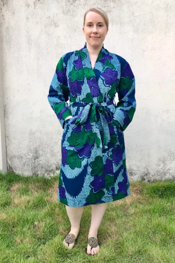 Women's blue green purple flower Kitenge African wax print fabric bathrobe model wearing