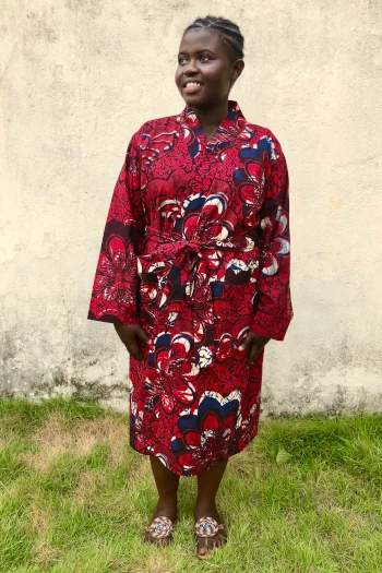 Women's maroon flower African wax print fabric bathrobe by Kitenge Store model wearing