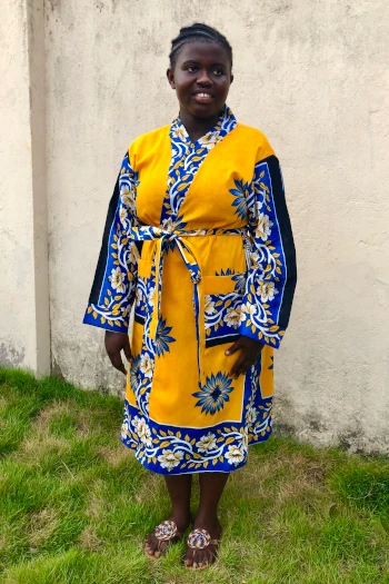 Women's orange blue flower Kanga African print fabric bathrobe by Kitenge Store model wearing