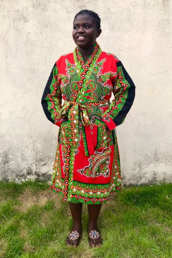 Women's red green Kanga African print fabric bathrobe by Kitenge Store model wearing