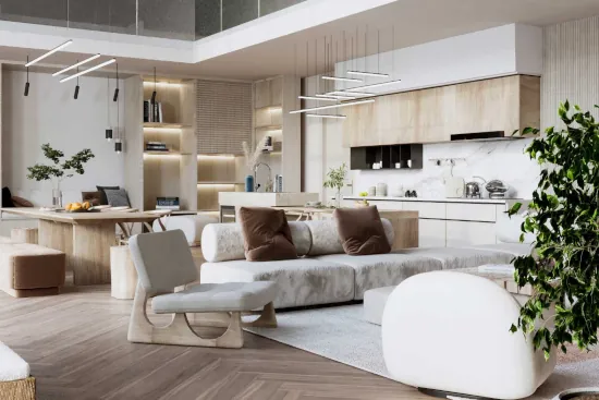 Bohemian interior design styles open plan kitchen sitting room