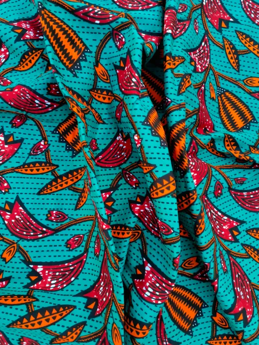 Turquoise orange plant African Ankara fabric scrunched